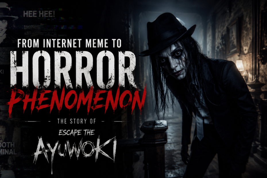 Featured image for Escape the Ayuwoki showing the eerie horror creature inside a dark mansion, representing the journey from an internet meme to an indie horror game.